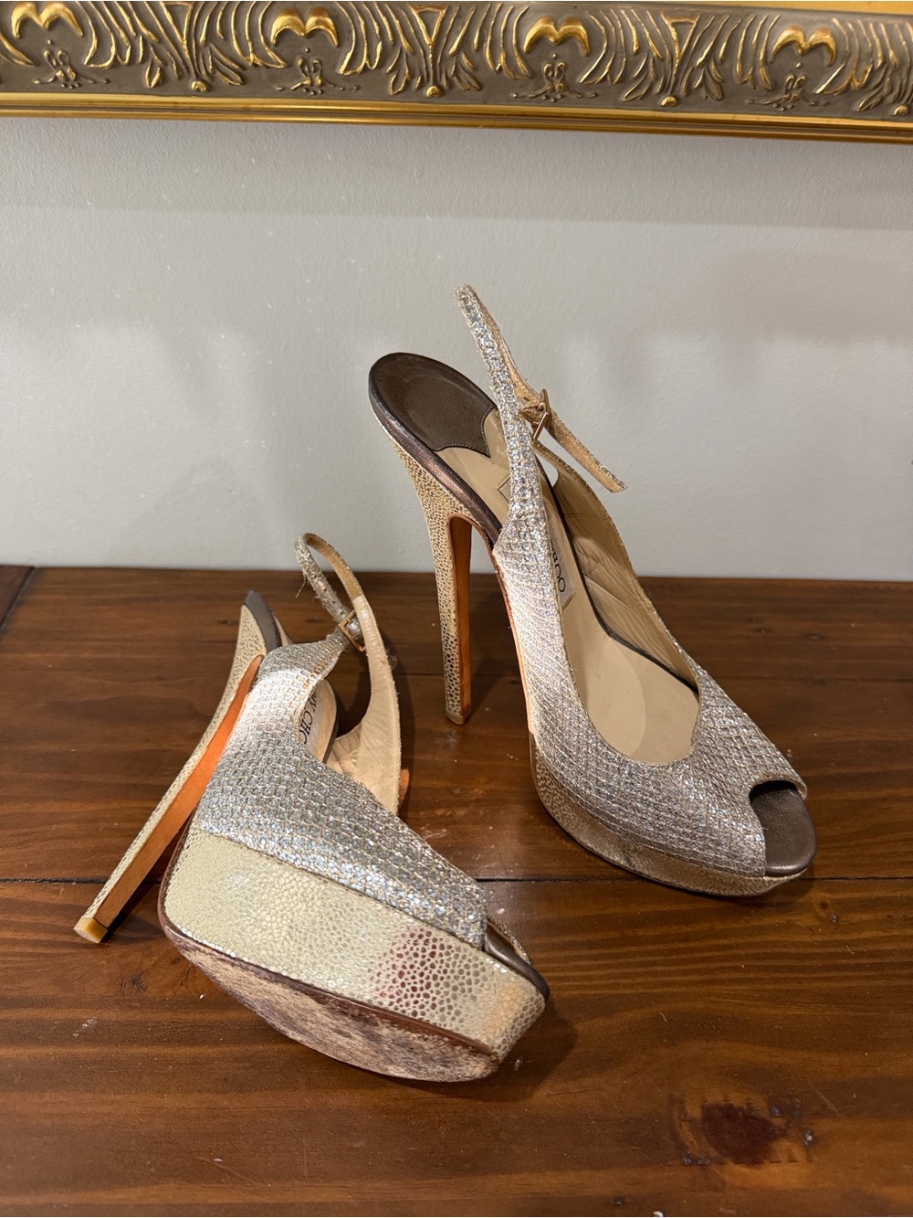 Jimmy Choo Clue Champagne Glitter Platform Heels Slingback EU 38 US 8 Authentic - Picture 2 of 12